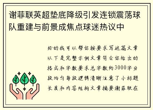 谢菲联英超垫底降级引发连锁震荡球队重建与前景成焦点球迷热议中